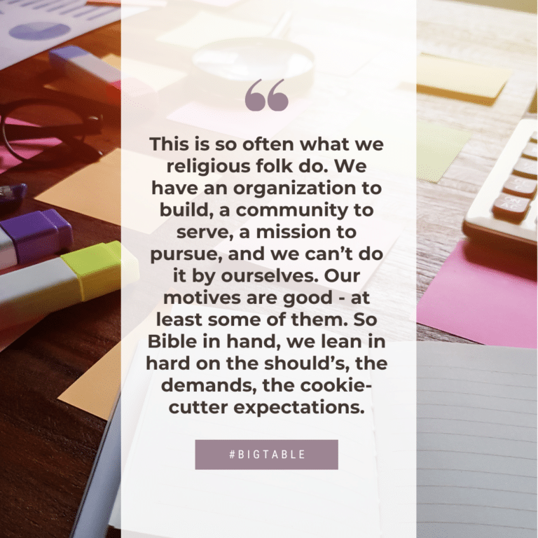 This is so often what we religious folk do. We have an organization to build, a community to serve, a mission to pursue, and we can’t do it by ourselves. Our motives are good - at least some of them. So Bible in hand, we lean in hard on the should’s, the demands, the cookie-cutter expectations.